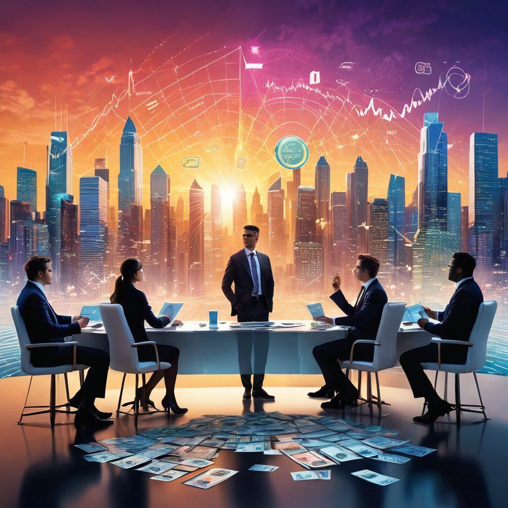 A dynamic scene depicting a diverse group of people engaging in financial discussions, with charts, graphs, and money symbols floating around them. The background features a futuristic skyline symbolizing wealth and opportunity, with an inviting aura of enlightenment and confidence. Bright colors emphasize positivity and growth, creating an inspiring atmosphere. super-realistic. vibrant colors. digital art.