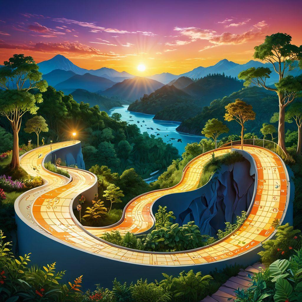 A detailed and strategic roadmap winding through a vibrant landscape symbolizing wealth creation, featuring icons of investments like stocks, real estate, and savings. Include a diverse group of people analyzing charts and collaborating over a financial blueprint. The background should showcase a rising sun symbolizing new opportunities, with lush greenery representing growth and prosperity. dynamic infographic style. vibrant colors. 3D.
