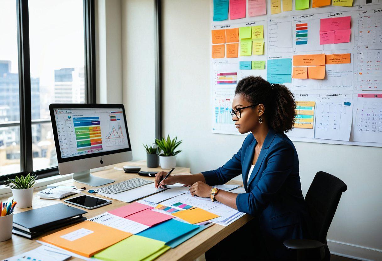 A confident individual reviewing a detailed financial plan with charts and graphs on a modern desk, surrounded by tools like a calculator and sticky notes. In the background, a motivational vision board with tags like "Goals" and "Savings" to symbolize empowerment in finances. A bright and inviting workspace with natural light streaming in. super-realistic. vibrant colors. modern aesthetic.